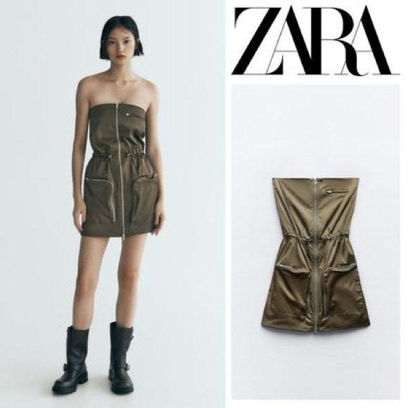 New Zara Strapless Khaki Cargo Mini Short Dress 2712/231 Small - Picture 1 of 8